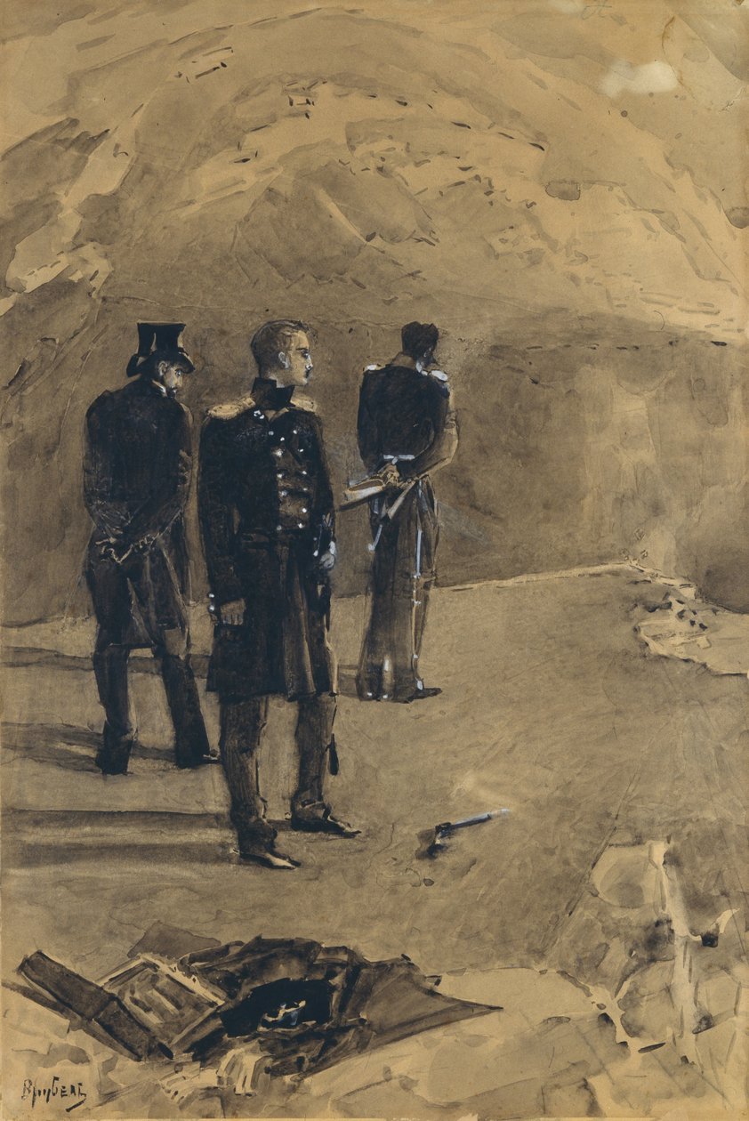 Duellen av Pechorin og Grushnitsky. Illustrasjon til romanen A Hero of Our Time av Mikhail Lermontov, 1891 av Mikhail Aleksandrovich Vrubel