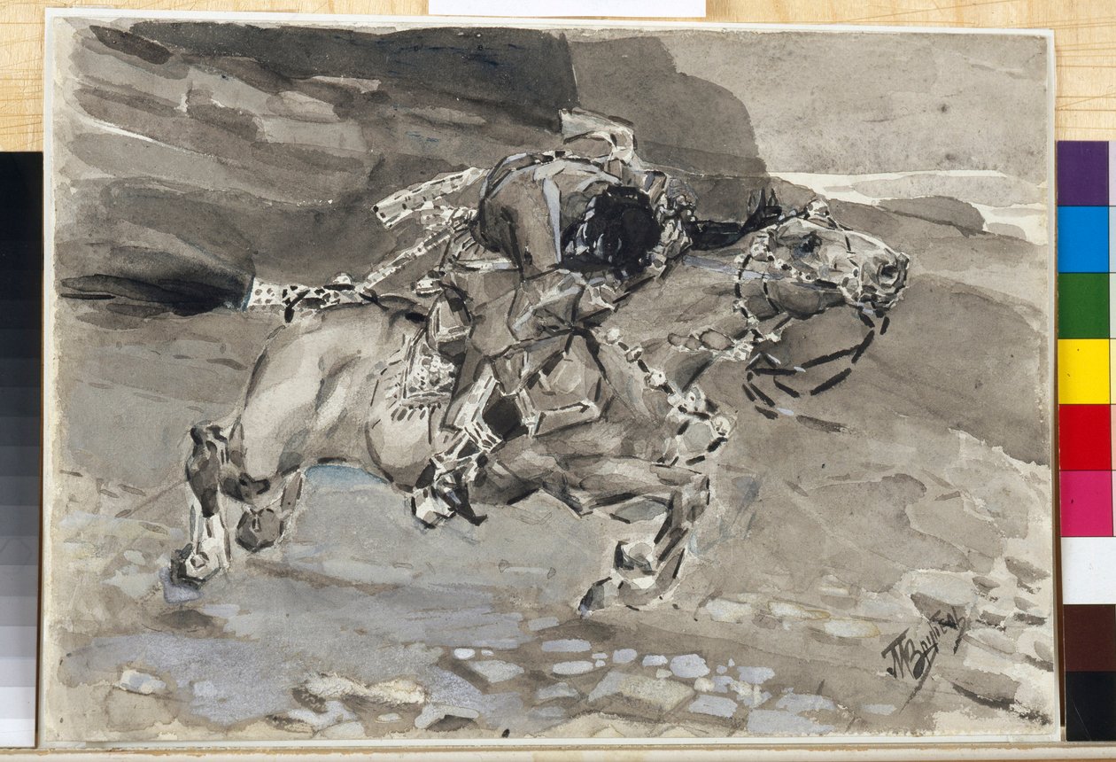 En rytter - Illustrasjon fra diktet ""The Demon"" av Mikhail Lermontov (1814-1841) - Kunstverk av Mikhail Alexandrovich Vrubel (Vrubel) (1856-1910) av Mikhail Aleksandrovich Vrubel