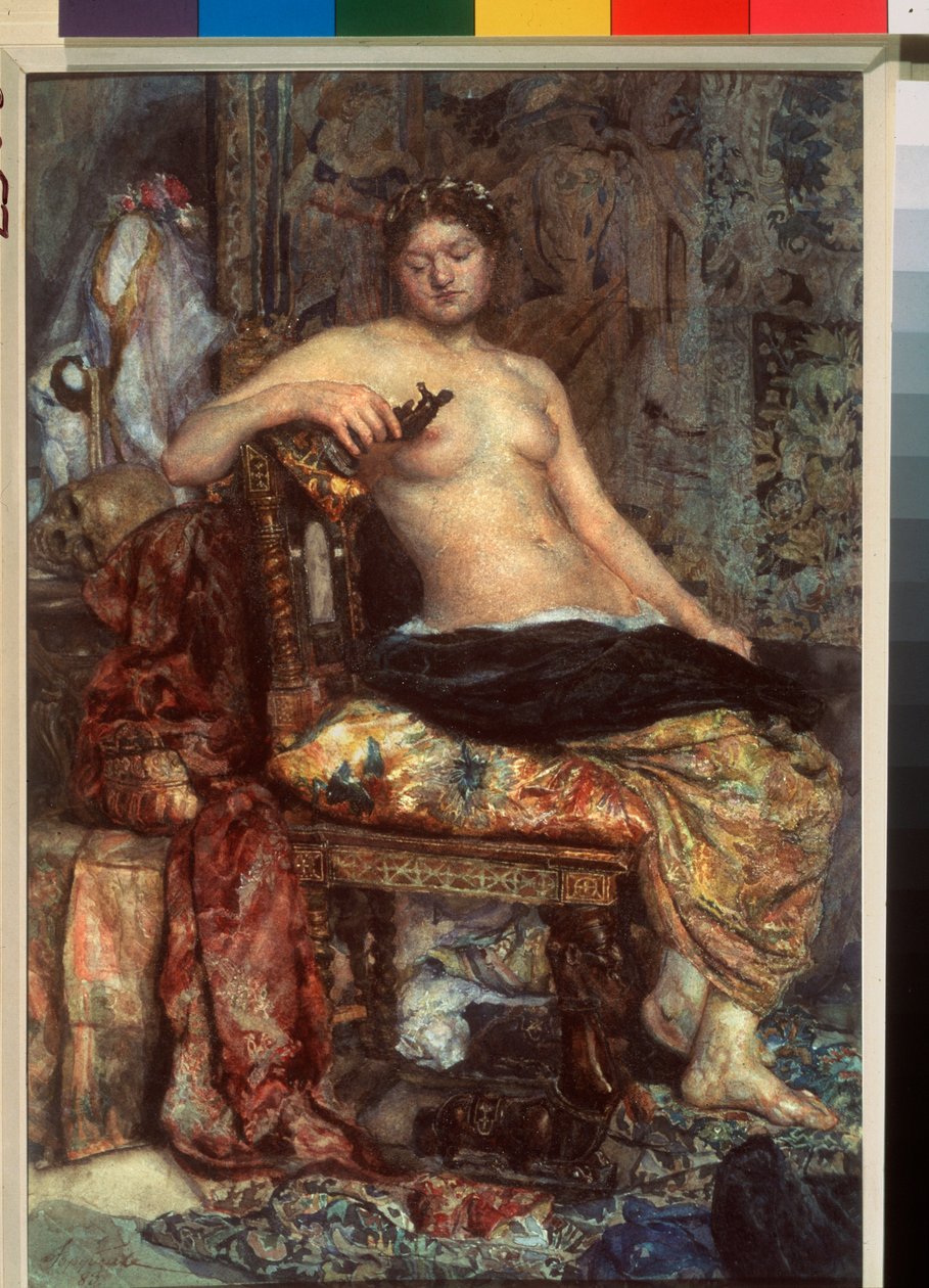 A Model In A Renaissance Furnishing - Verk av Mikhail Alexandrovich Vrubel (Vrubel) (1856-1910), akvarell på papir av Mikhail Aleksandrovich Vrubel