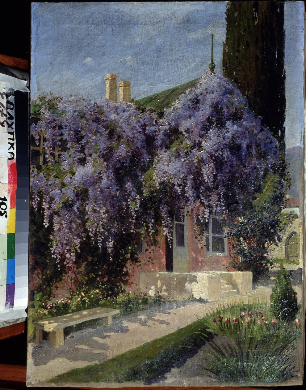 Et hus flettet sammen med blåregn. Maleri av Mikhail Alexandrovich Alisov (1859-1933). Olje på lerret, 62,3 x 44,4 cm. Russisk skole tidlig på 1900-tallet. Museum for arkitektur og kunst, Alupka, Ukraina. ©FineArtImage/Leemage av Mikhail Alexandrovich Alisov