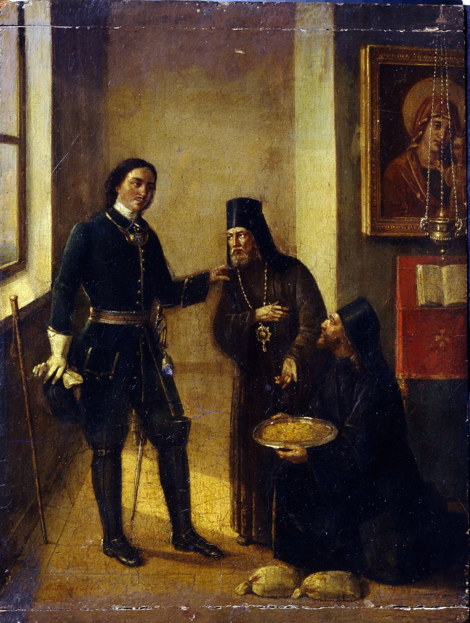 Biskop Mitrophan av Voronezh donerte til Peter I for Azov-flåtekonstruksjonen i 1696 av Mikhail Ivanovich Terebenev