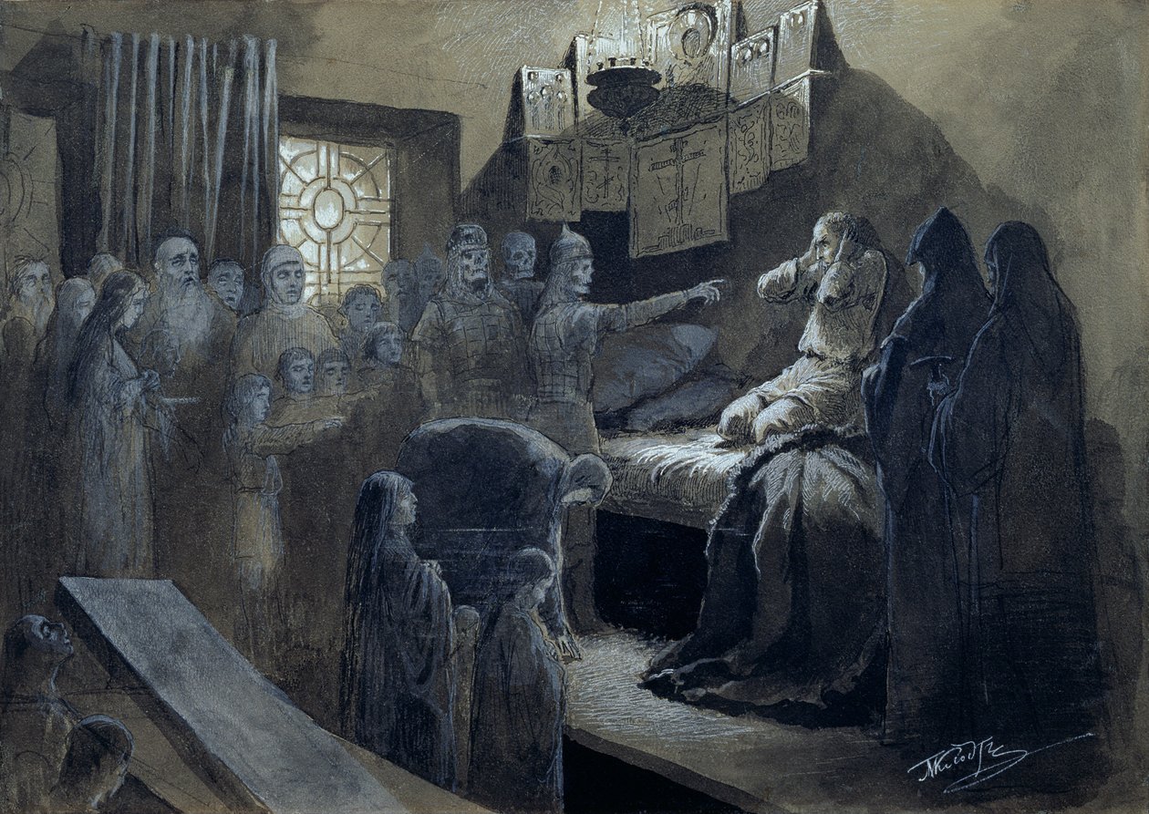 Ivan IV (1530-84) den forferdelige besøkt av spøkelsene til dem han myrdet (penn og blekk med kroppsfarge på papir) av Mikhail Konstantinovich Klodt