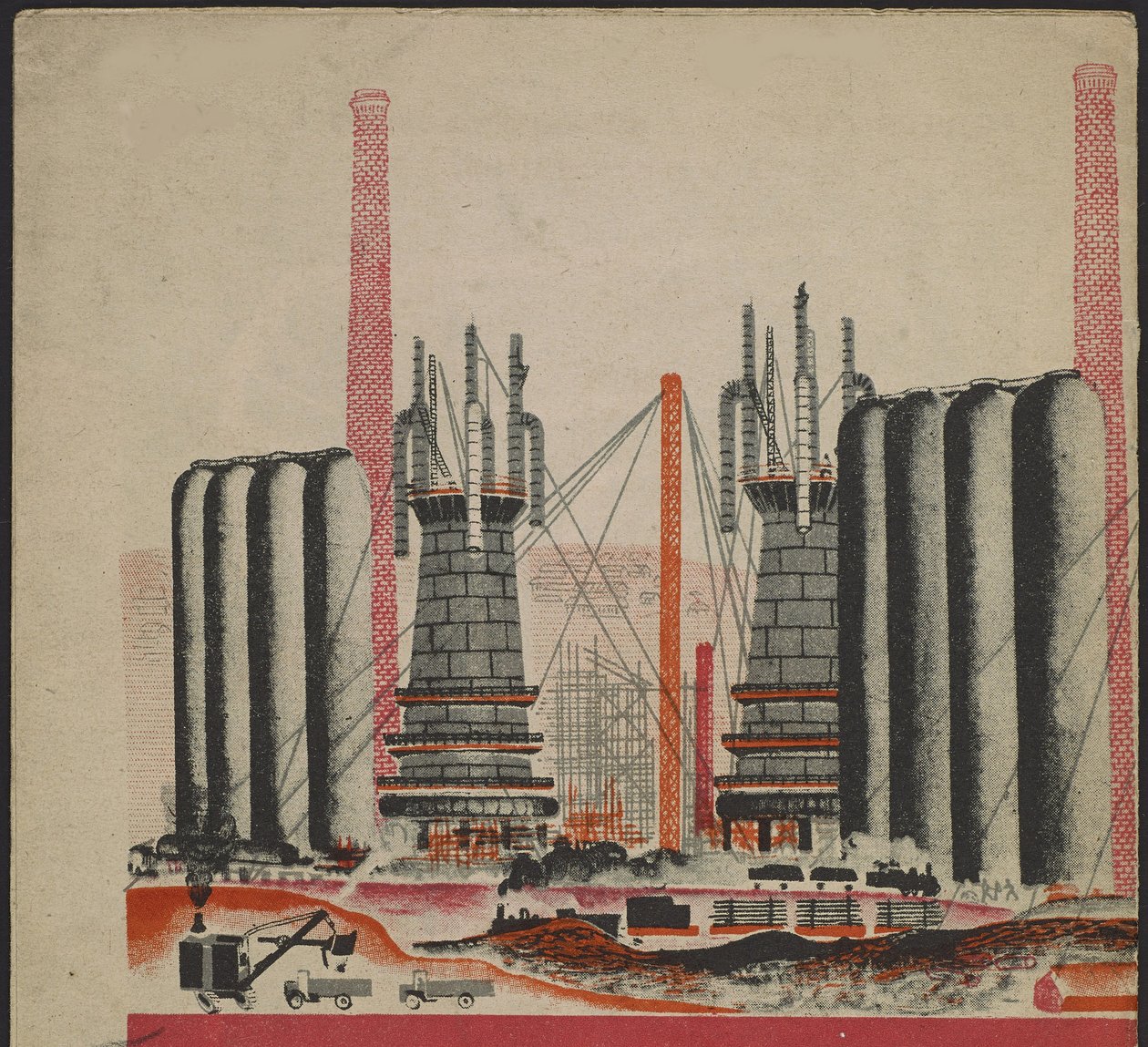 Illustration du livre pour enfants ""Combinat metallurgique Kuznets : un geant socialiste"" - Illustrasjon til barneboken ""Kuznets Metallurgical Combine: A Socialist Giant"", av Gurevich, Mikhail Lvovich (1904-1943). Fargelitografi av Mikhail Lvovich Gurevich