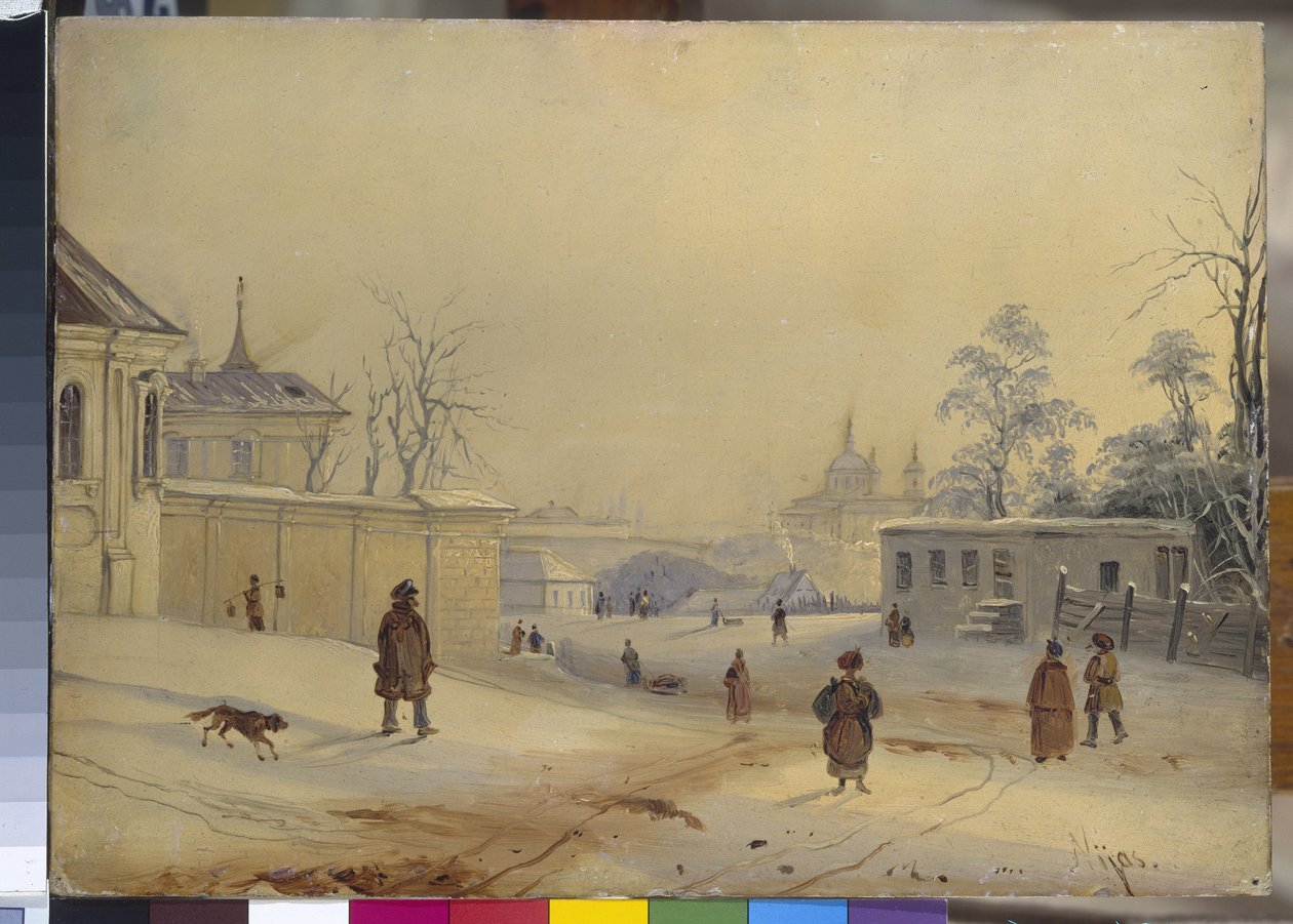 Vladimir Hill i Kiev (Vladimir Hill (Vladimirskaya Gorka) i Kiev). Landskap under snøen. Verk av Mikhail Makarovich Sazhin (1818-1887), olje på papp. Russisk kunst fra 1800-tallet. Statens russiske museum, St. Petersburg av Mikhail Makarovich Sazhin