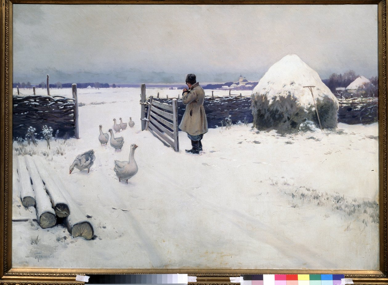 Den første snøen har falt. Maleri av Mikhail Markianovich Germashev (1867-1930), olje på lerret, cirka 1890, russisk kunst fra 1800-tallet. Statens Tretyakov-galleri, Moskva. av Mikhail Markianovich Germashev