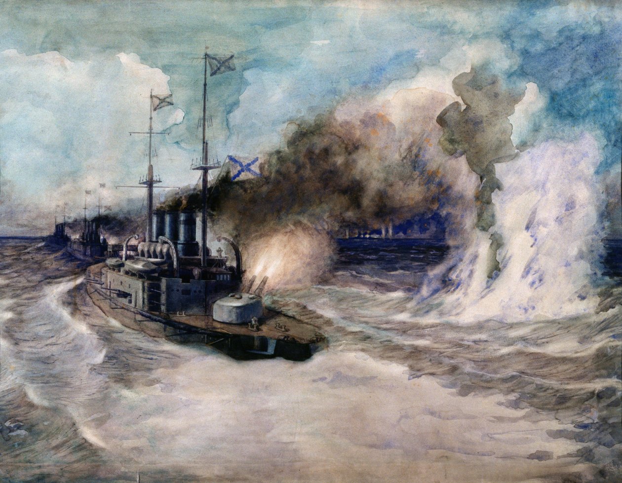 Sjøslaget mellom Svartehavsflåten og den tyske panserkrysseren Goeben 5. november 1914 - Kunstverk av Mikhail Mikhailovich Semyonov ( av Mikhail Mikhailovich Semyonov