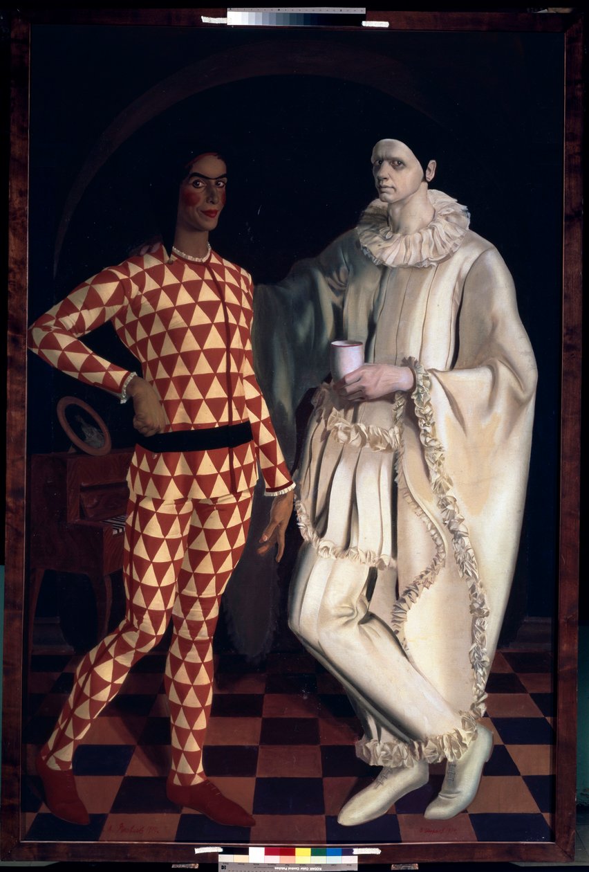 Harlekin og Pjerrot (Selvportretter, i kostymer fra Comedia dell Arte) - Harlekin og Pjerrot (Selvportretter) - Maleri av Alexander Yevgenyevich Yakovlev (Alexandre Iacovleff) (1887-1938), olje på lerret av Mikhail Nikolayevich Yakovlev