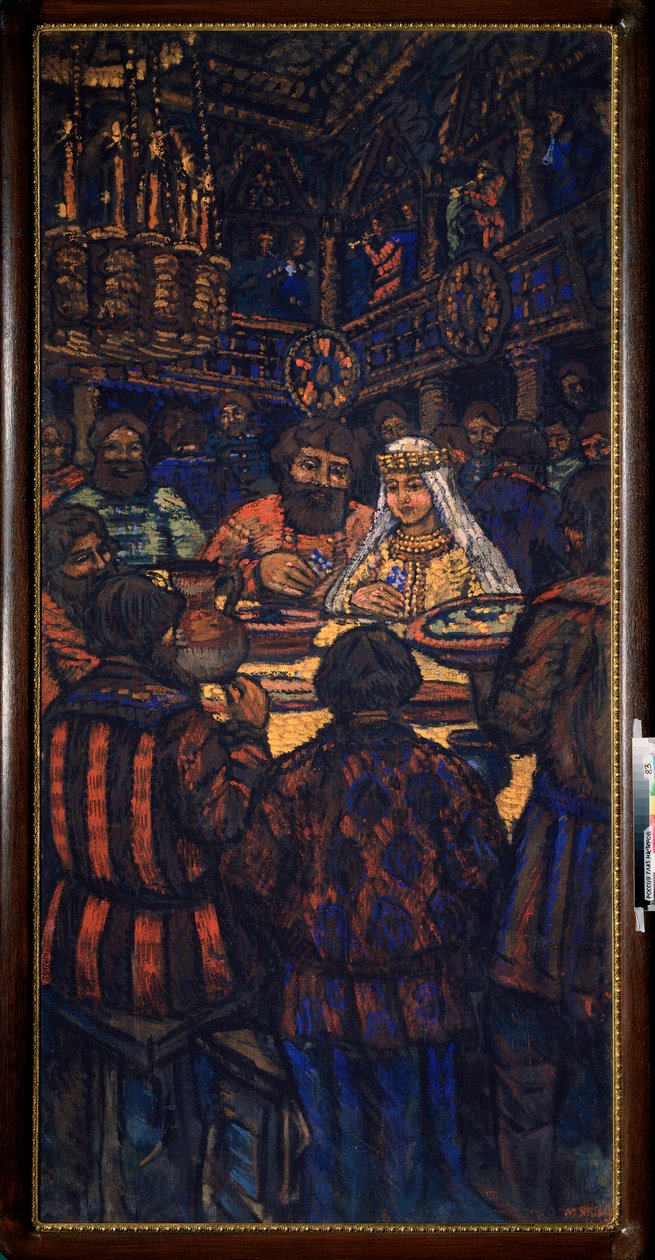 The Wedding of the Grand Duke Vladimir I Svyatoslavich (kjent som den store eller røde solen, 958-1015) (The Wedding of the Grand Duke Vladimir I Svyatoslavich) Bryllupsbankettscene - Maleri av Mikhail Nikolayevich Yakovlev (1880-1942), olje på lerret, ca  av Mikhail Nikolayevich Yakovlev