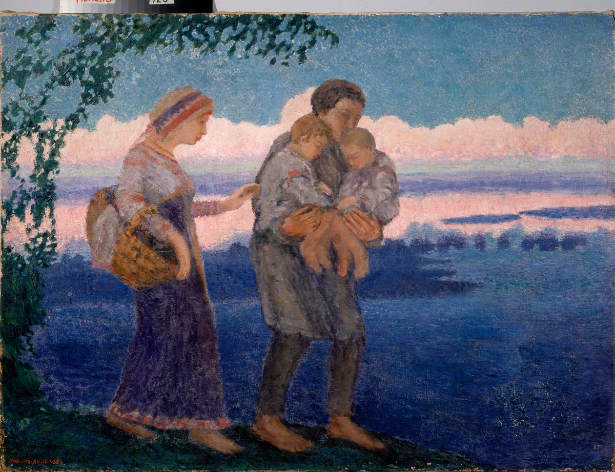 Evening Homecoming - Maleri av Mikhail Nikolayevich Yakovlev (1880-1942), olje på lerret av Mikhail Nikolayevich Yakovlev