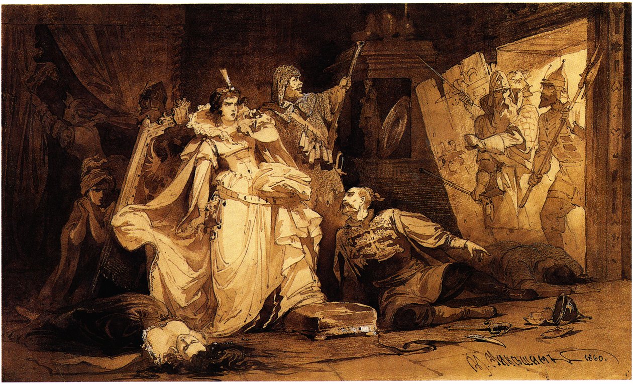 Arrestasjonen av Marina Mniszech, 1860 av Mikhail Osipovitsch Mikeshin