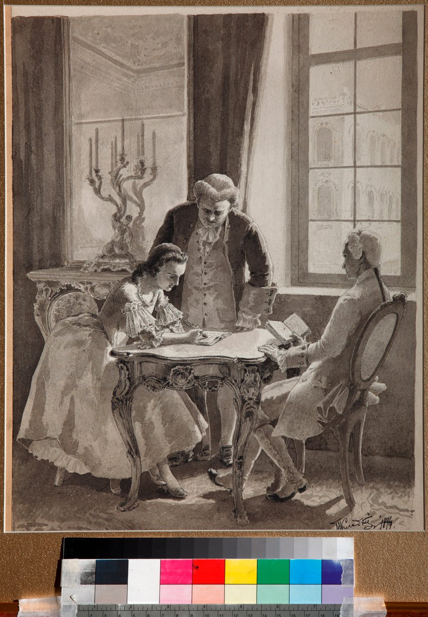""Den russiske språkleksjonen til keiserinne Katarina II (1729-1796)" (russisk språkleksjon til keiserinne Katarina II) Penn- og blekktegning av Mikhail Klodt (1835-1914) av Mikhail Petrovich Klodt