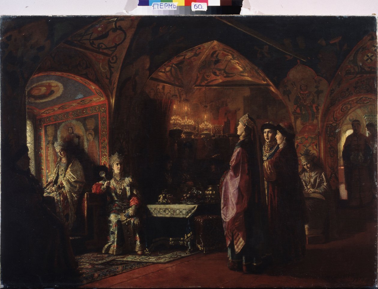 Tsarinaens bolig (Tsarevnas bolig). Komposisjon over temaet gamle Russland, tradisjonell drakt og dekorasjon av fyrstedømmet Moskva. Maleri av Baron Mikhail Petrovich Klodt (1835-1914), olje på lerret av Mikhail Petrovich Klodt