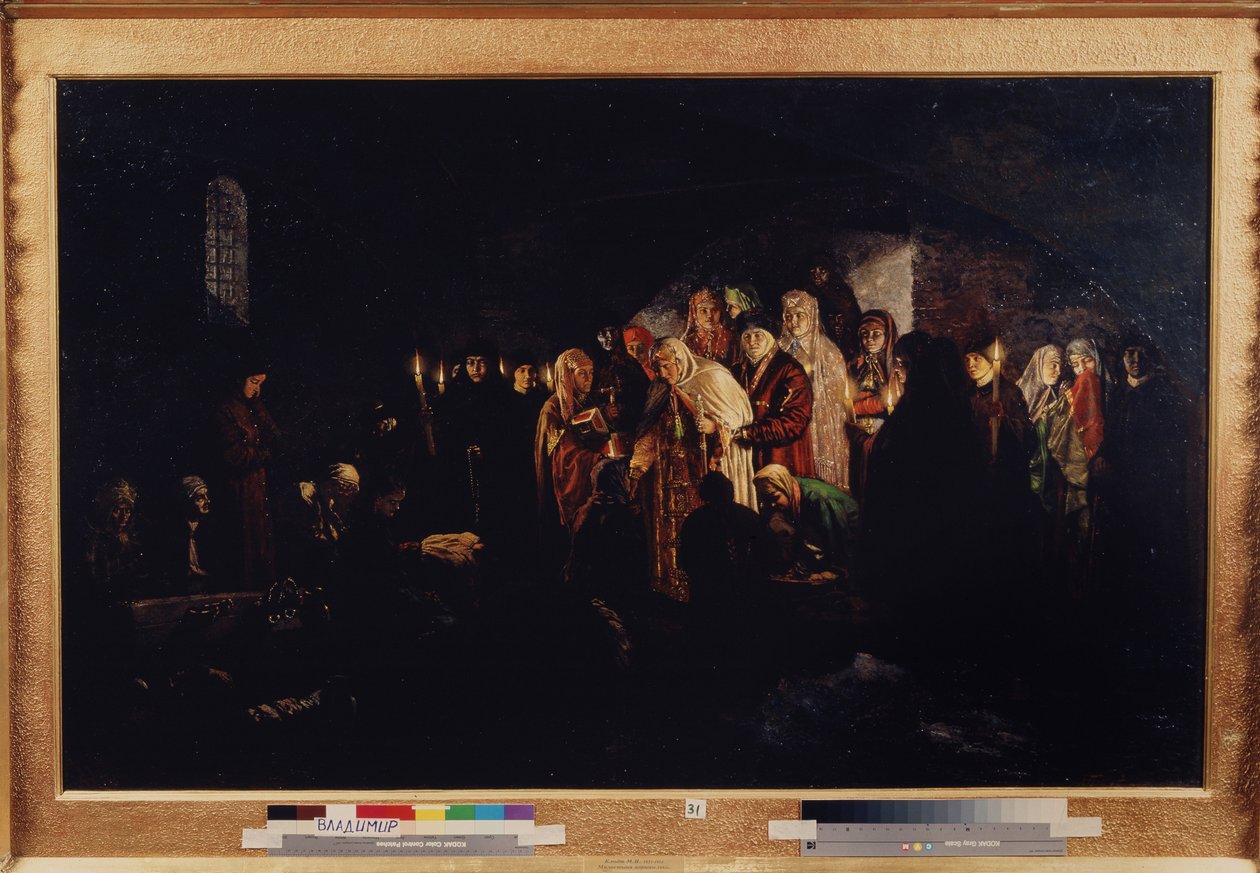 The Empress Giving Alms (Empress Giving Alms). Tsarinaen, omgitt av adelsmenn og geistlige, gjør veldedighet til en forsamling av trengende mennesker som kneler foran henne. Maleri av Baron Mikhail Petrovich Klodt (1835-1914), olje på lerret av Mikhail Petrovich Klodt