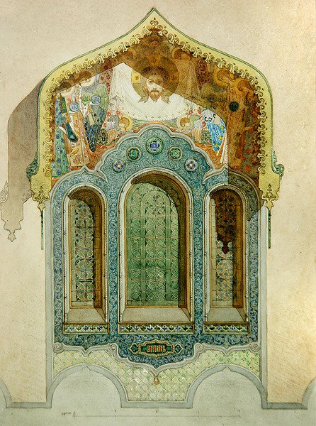 Design for en keramisk fliser vindusomslutning for den russiske kirken i Nice av Mikhail Preobrazhensky