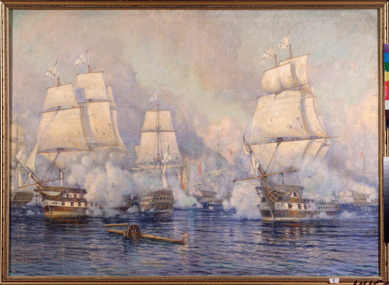 Sjøslaget ved Navarino, 20. oktober 1827 mellom den osmanske flåten og en fransk-anglo-russisk flåte (Episode av den russisk-tyrkiske krigen 1828-1829 og den greske uavhengighetskrigen eller den greske revolusjonen 1821-1830) - ( Sjøslaget ved Na av Mikhail Stepanovich Tkatchenko