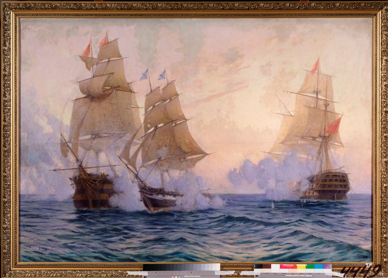 Briggen Mercury kjemper mot to tyrkiske fartøyer, 14. mai 1829 (Episode av den russisk-tyrkiske krigen av Mikhail Stepanovich Tkatchenko