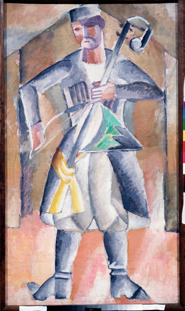 Musicien (Sas Musician) - Portrett av en musiker, i tradisjonell kjole, med instrumentet sitt, en slags vertikal dreieskiver med to strakte strenger, som spilles med en bue - Maleri av Mikhail Vasilyevich Le Dantyu (1891-1917), olje på lerret - Art rus av Mikhail Vasilevich Le Dantu
