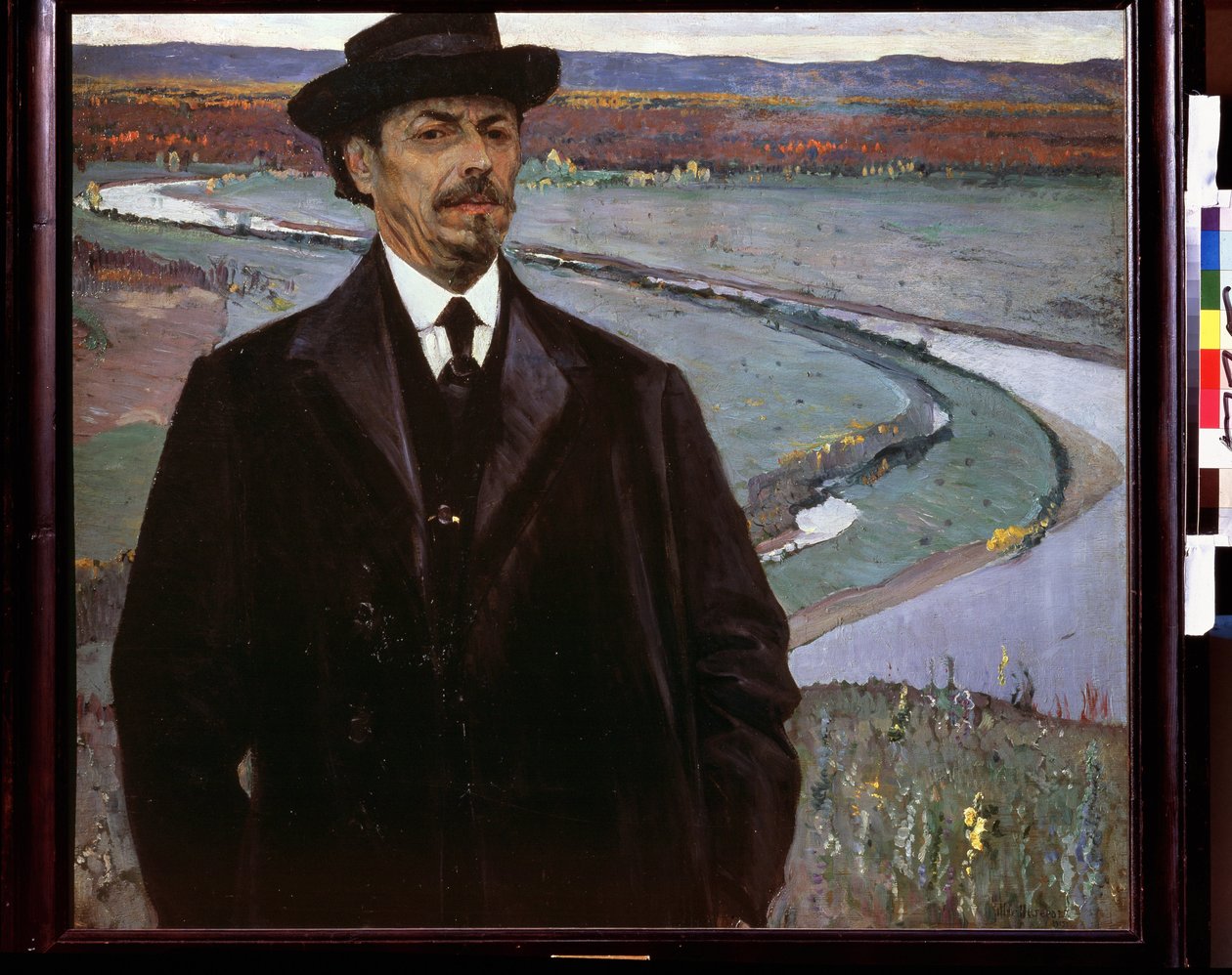 Selvportrett. Maleri av Mikhail Vasilyevich (Vasilyevich) Nesterov (1862-1942), olje på tre av Mikhail Vasilievich Nesterov