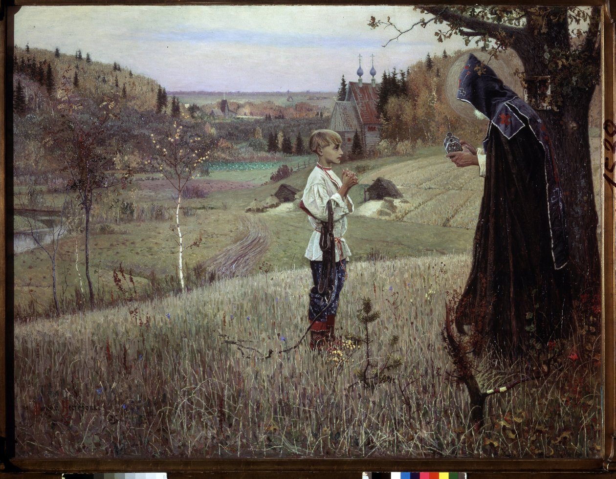 Visjonen til unge Barthelemy. (The Vision of the Youth Bartholomew). Møtet mellom en munk og den unge russiske Barthelemy (som skulle bli Saint Serge de Radonege eller Sergii Radonezhsky eller Sergey Radonezhsky eller Sergius de Radonezh, rundt 1313-1392). av Mikhail Vasilievich Nesterov