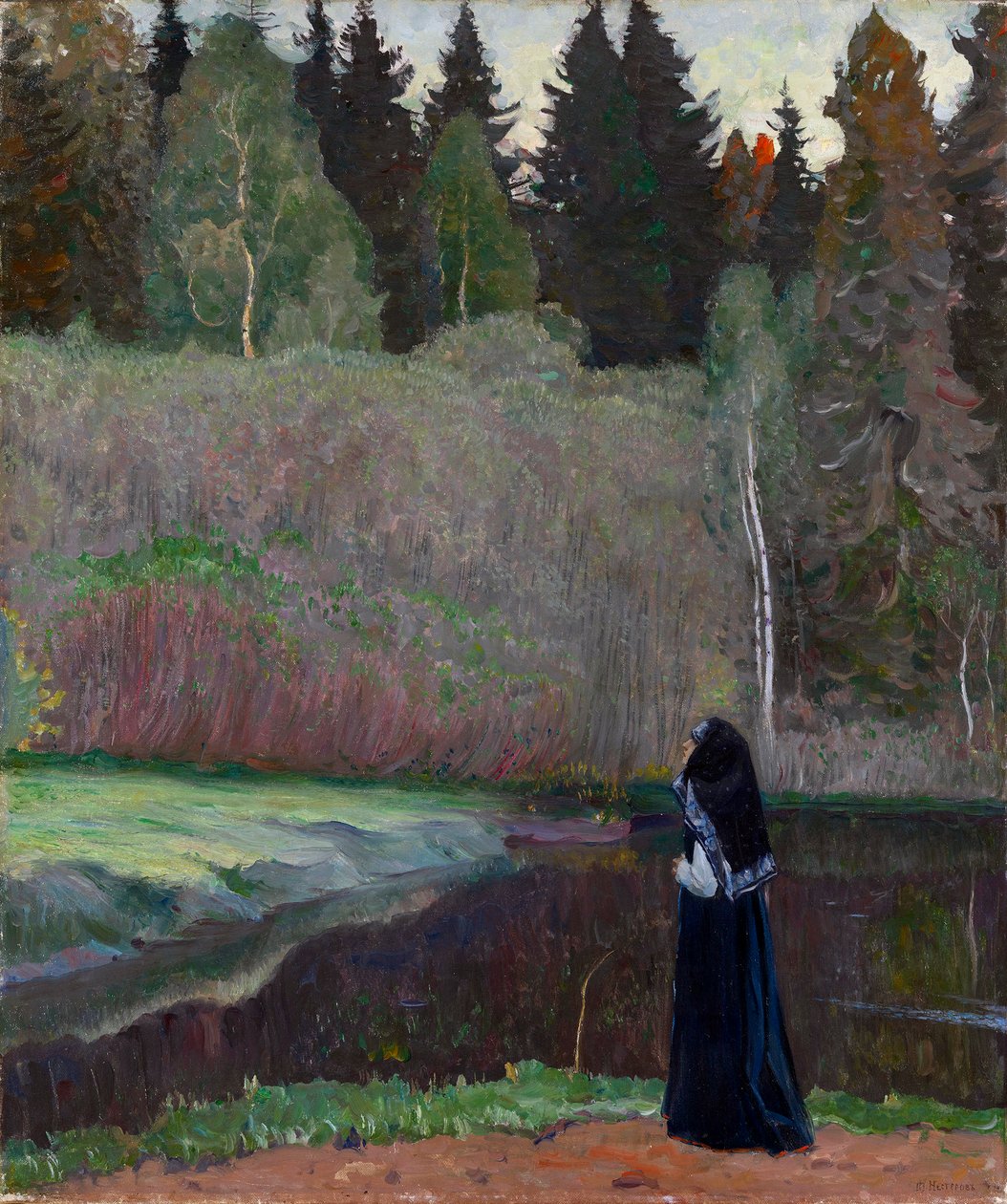 ""Le chant du rossignol"" (Nattergalen synger) En nonne som lytter til fuglesang - Maleri av Mikhail Vasilyevich Nesterov (1862-1942) 1918 Dim 81x68,5 cm Privat samling av Mikhail Vasilievich Nesterov