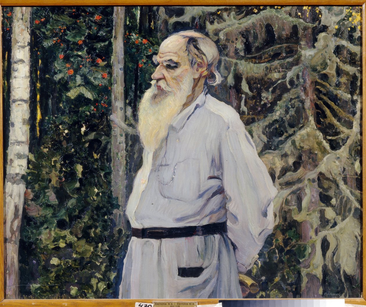 Portrett av forfatteren Leon N. Tolstoy (1828-1910) (Portrett av forfatteren Leo N. Tolstoy). Maleri av Mikhail Vasilyevich Nesterov (1862-1942), olje på lerret av Mikhail Vasilievich Nesterov