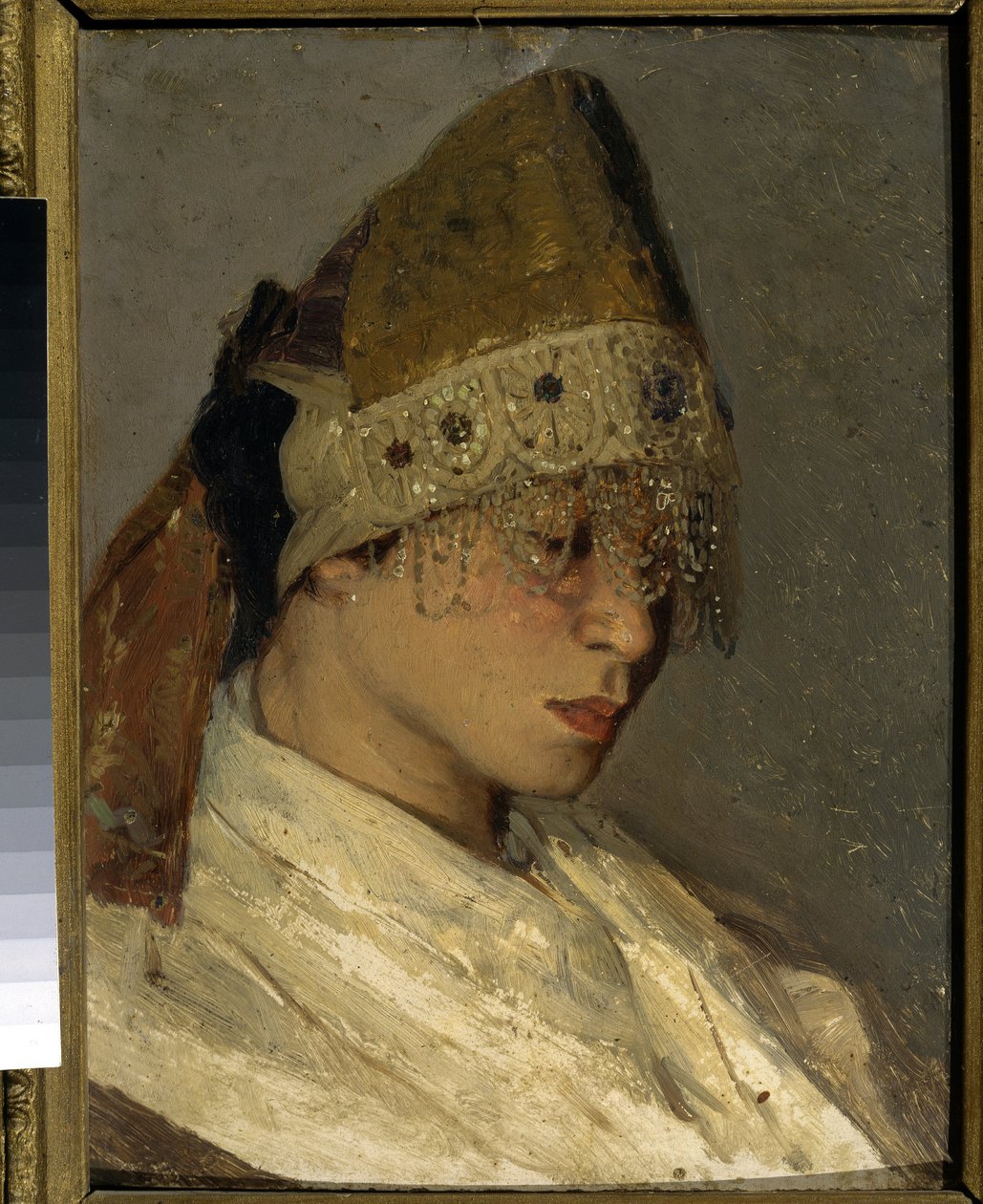 En jente som har på seg en Kokochnik (A Girl With Kokoshnik). Tradisjonell høy hodeplagg av russiske kvinner, bundet på baksiden med bånd, fronten er dekorert med perler og broderi. Maleri av Mikhail Vasilyevich Nesterov (1862-1942), olje på tre av Mikhail Vasilievich Nesterov