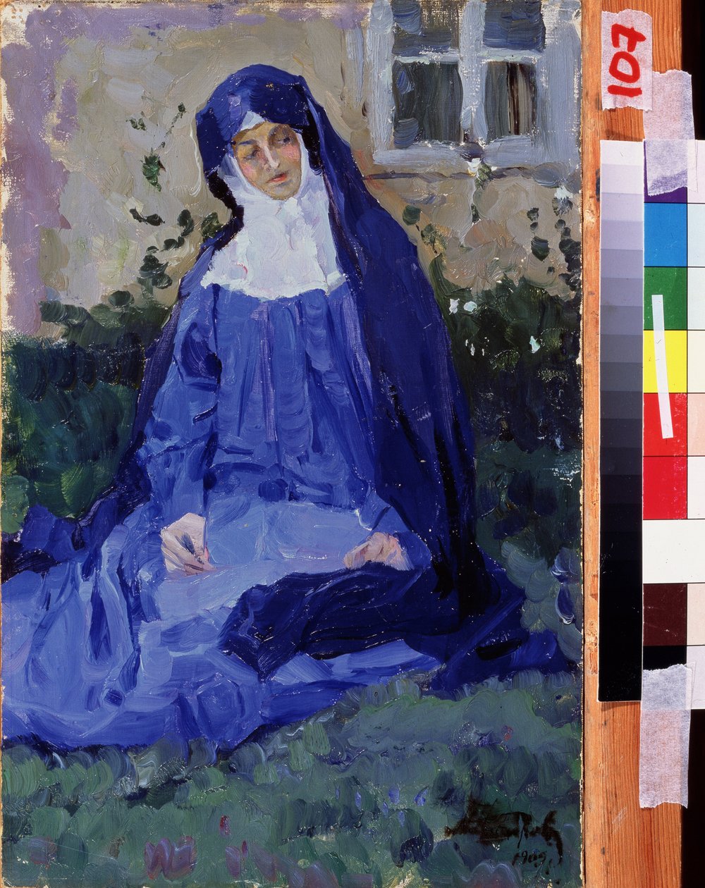 En nonne (A Nun). Verk av Mikhail Vasilyevich Nesterov (1862-1942), olje på papp av Mikhail Vasilievich Nesterov