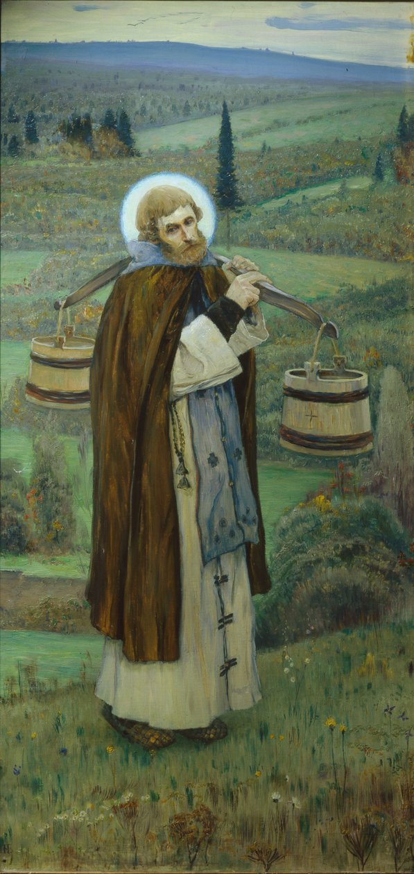 Saint Sergius arbeider Triptych, venstre del, 1896 av Mikhail Vasilievich Nesterov