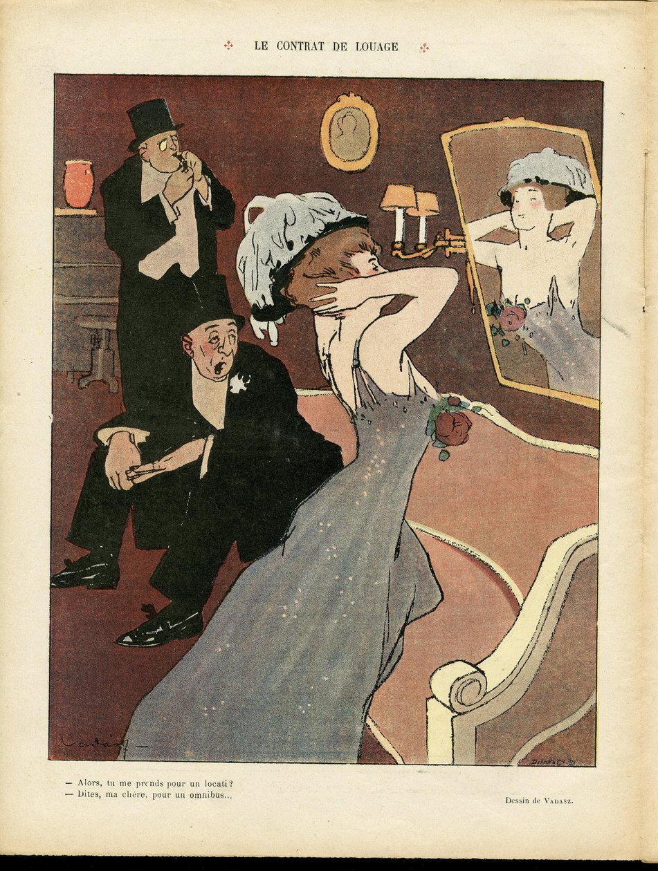 Illustrasjon av Miklos Vadasz (1884-1927) i Le Rire, 07/03/08 - Leiekontrakten - Prostitusjon, intern arkitektur av Miklós Vadász