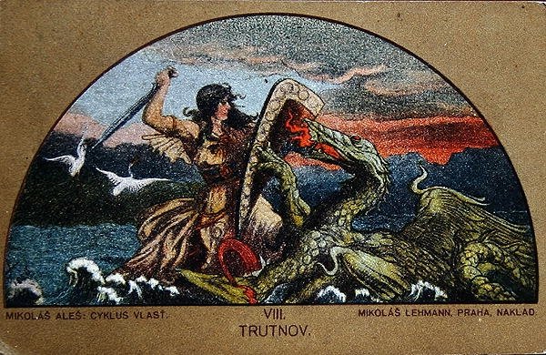 Postkort som viser Knight Trut som kjemper mot Dragon of the Rocks, ca. 1900 (litho-farge) av Mikolas (after) Ales