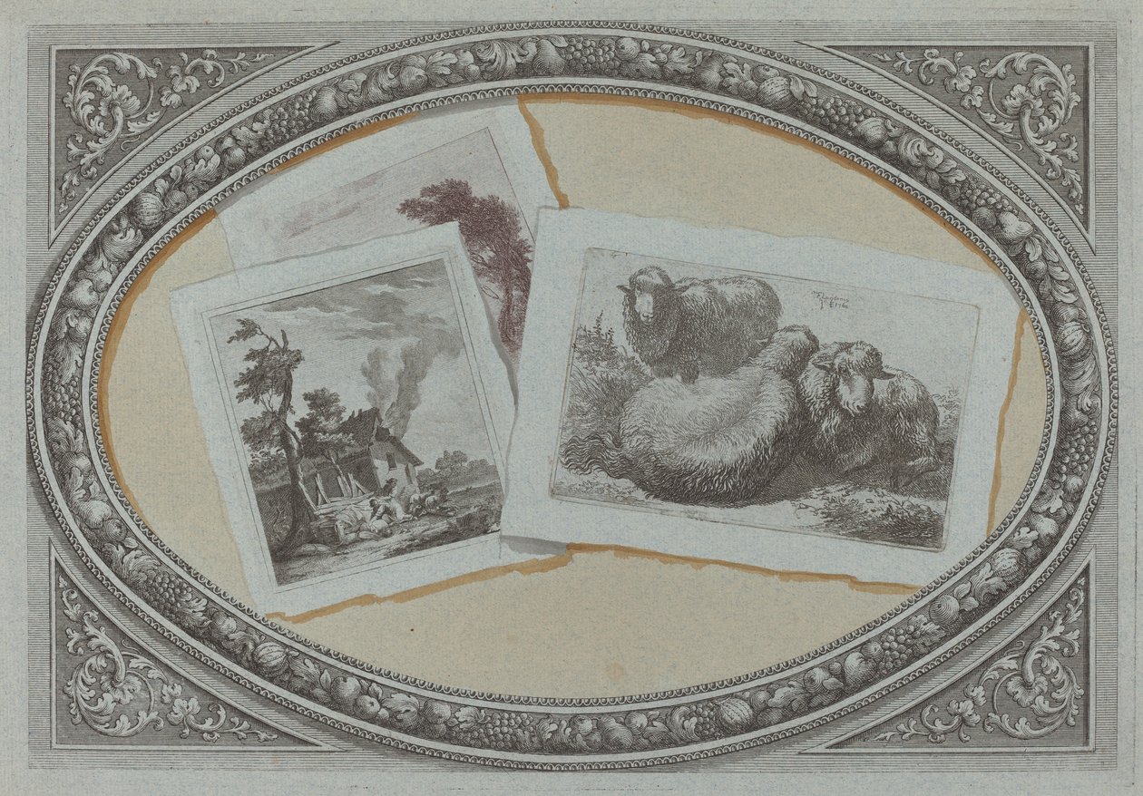 Trompe l'Oeil: Landskap og sauer, ved bruk av originale kobberplater av Milanese 18th Century, and Francesco Londonio