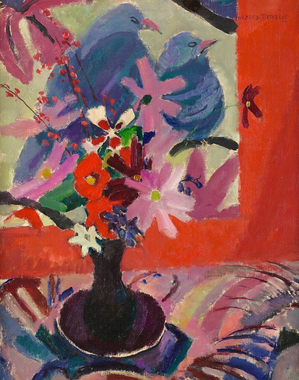 Blomster med fugler, ca. 1926 av Mildred Bendall
