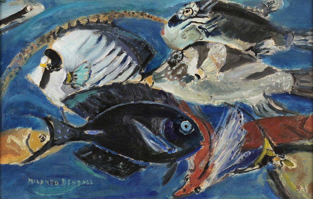 Poissons, ca. 1950 (olje på papir lagt på panel) av Mildred Bendall