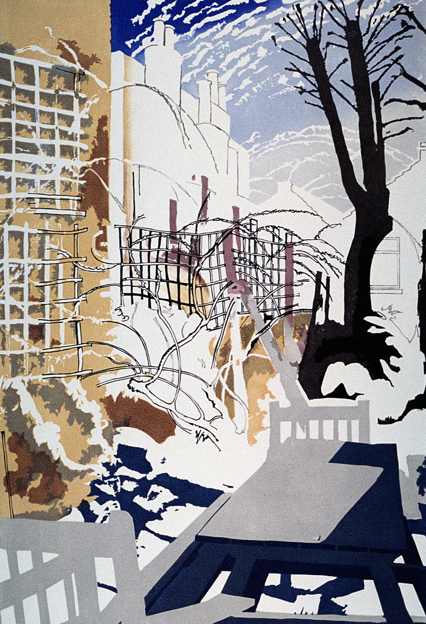Stark Winter Back-Garden, 1993 (farget linosnitt) av Miles Contemporary Artist Thistlethwaite