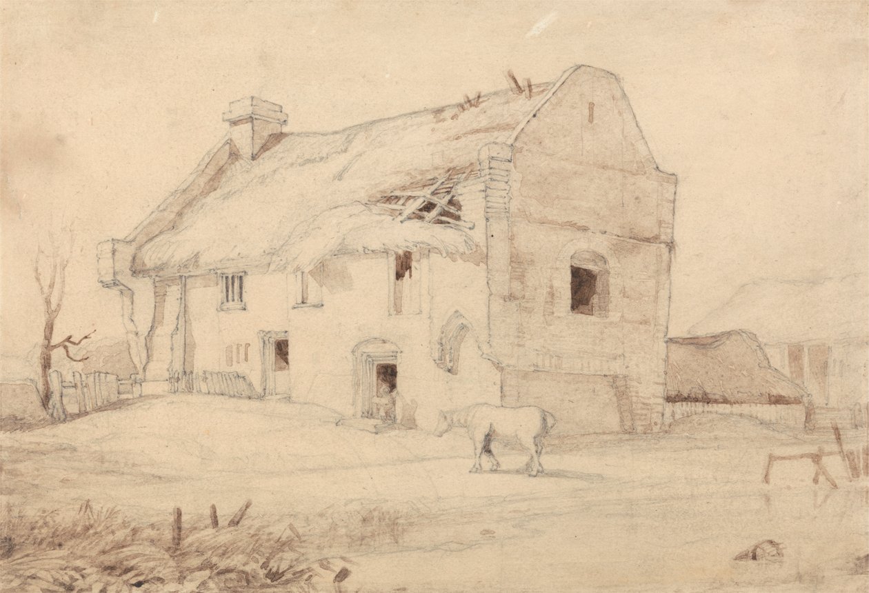 Hytte med beitende hester av Miles Edmund Cotman
