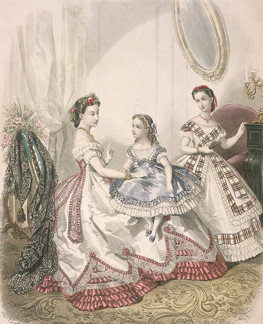 To kvinner og en liten jente iført de siste innendørsmotene, c1860 av Millia Lacouriere