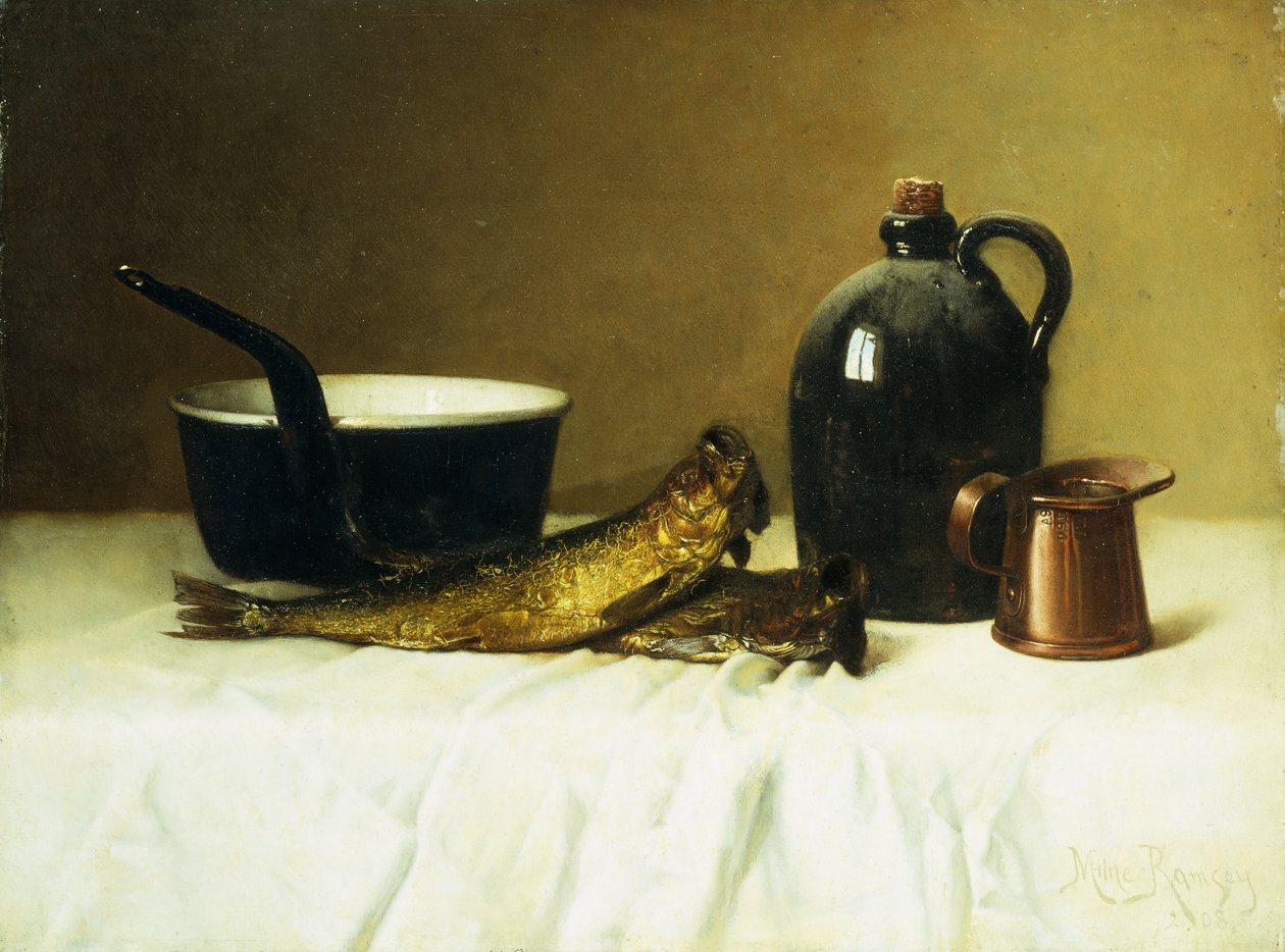 Stilleben med sild, gryte, kanne og mål, 1908 av Milne Ramsey