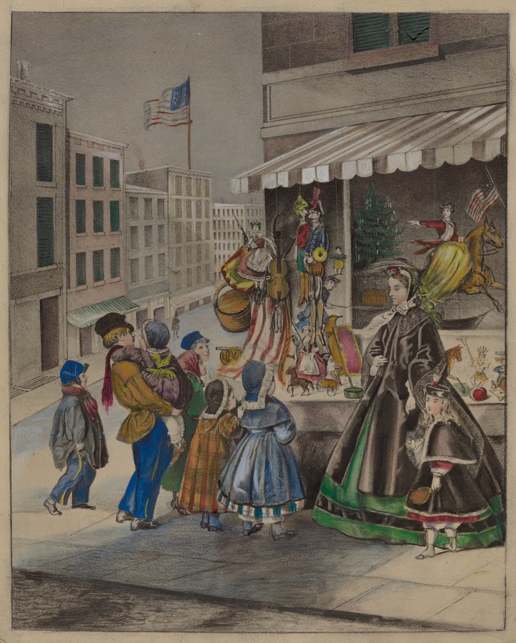 Farget litografi: nyttårsaften, ca. 1936. av Mina Lowry