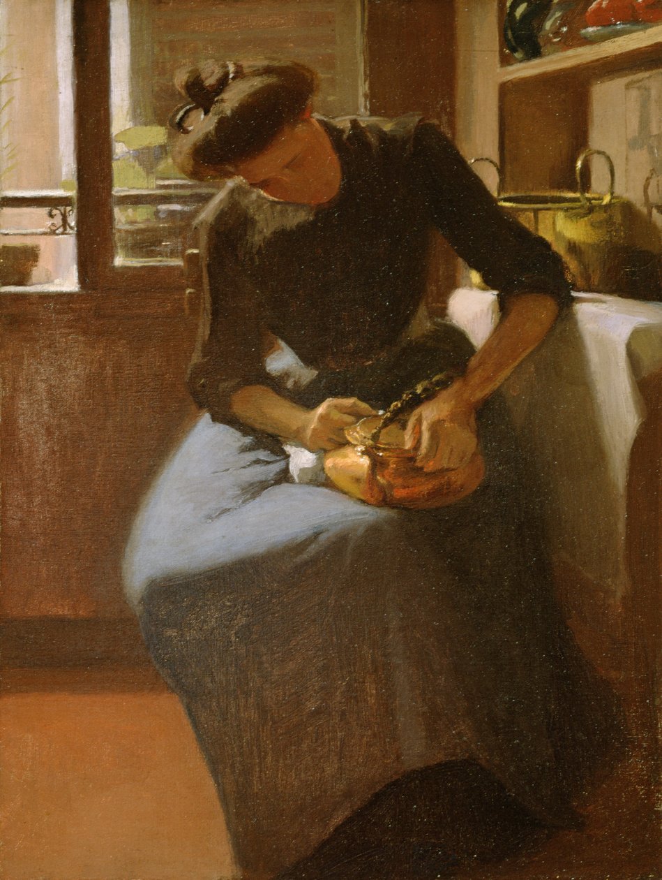 Kvinne som polerer en vannkoker, ca. 1912 (olje på lerret) av Minerva Josephine Chapman