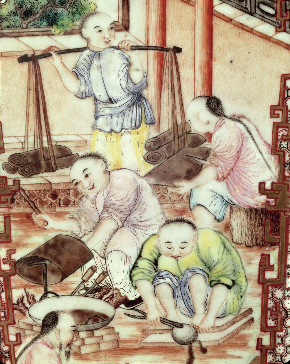 Detalj fra en vase som viser håndverkere av Ming Dynasty Chinese School