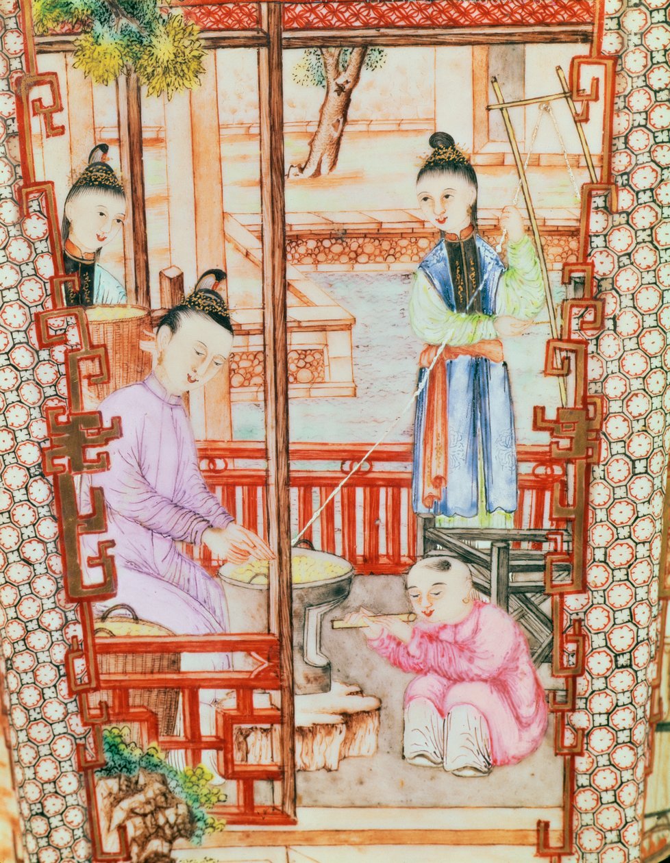 Detalj fra en vase som viser kvinner som spinner silke av Ming Dynasty Chinese School