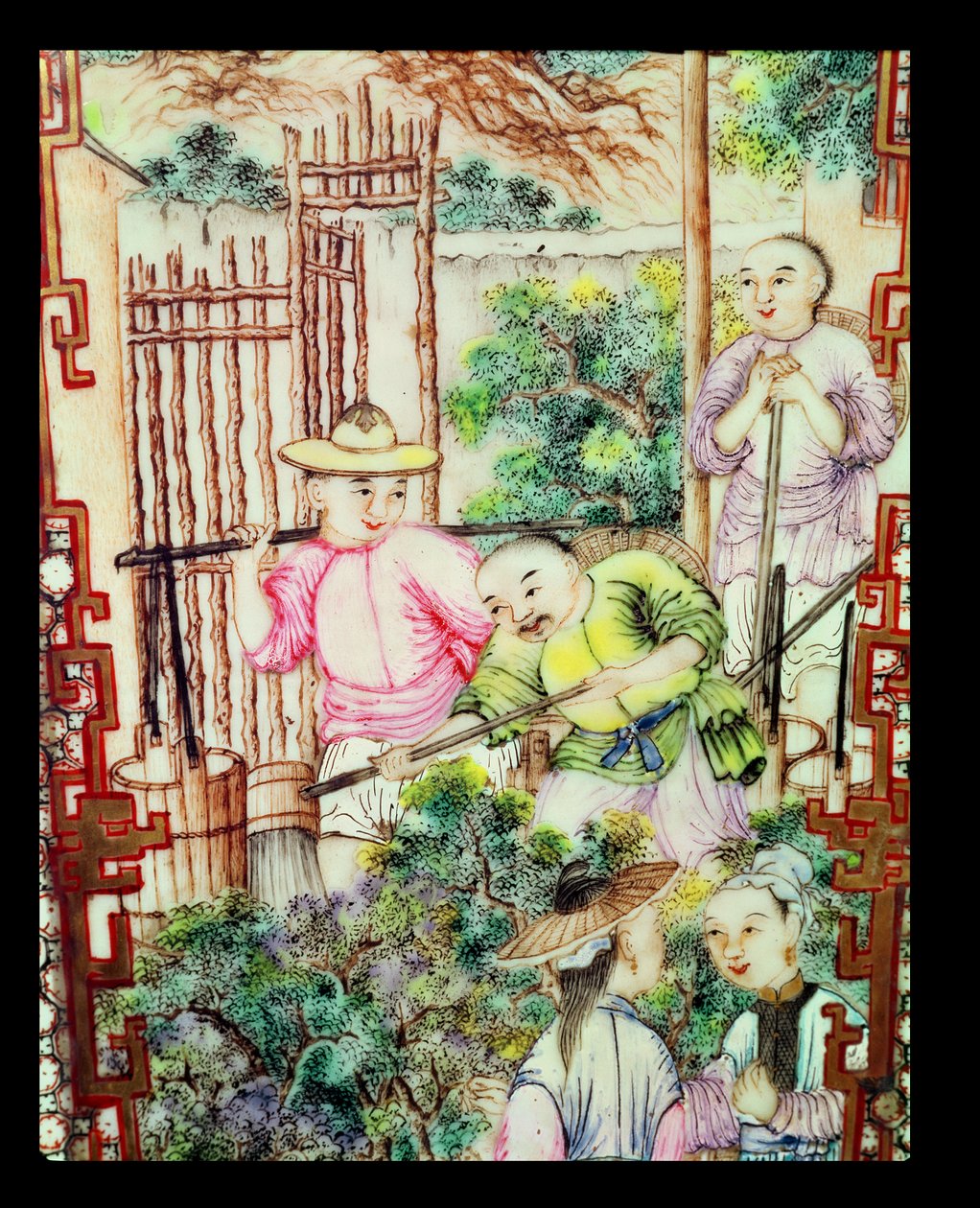 Detalj av en vase med menn som vanner teplanter av Ming Dynasty Chinese School