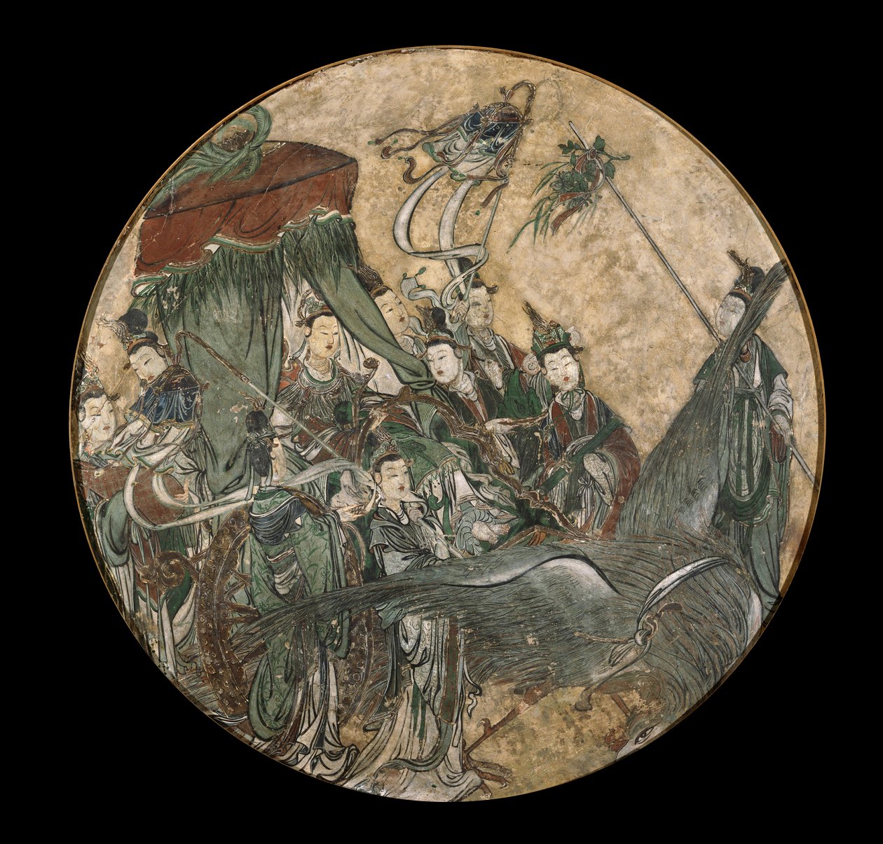 En polykrom fresco som viser en kvinnelig dignitær som holder et Ruyi-septer mens han sitter i en Phoenix-trukket vogn av Ming Dynasty Chinese School