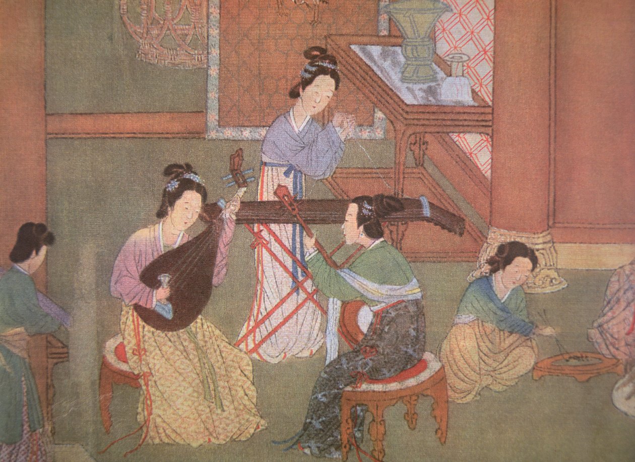 Kinesisk lutt, månegitar og bordsiter (maleri på silke) av Ming Dynasty Chinese School