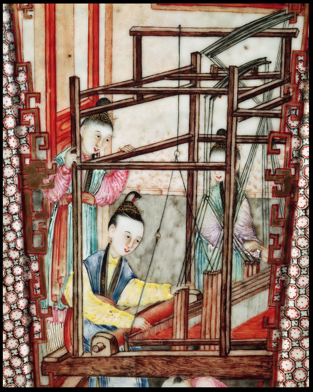 Detalj fra en vase som viser silkeveving (keramikk) av Ming Dynasty Chinese School