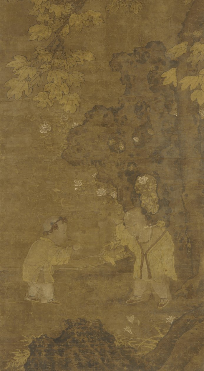 To gutter som leker med dukken til en løve, 1400-1500-tallet av Ming Dynasty Chinese School