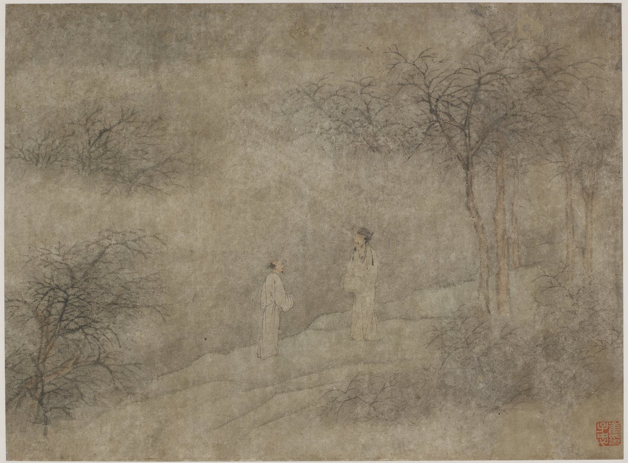 To menn som går i tåkete lund (blekk og farge på papir) av Ming Dynasty Chinese School