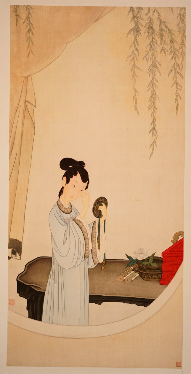 A Lady Gazing in the Mirror (hengende rulle, blekk og farge på silke) av Ming Yu