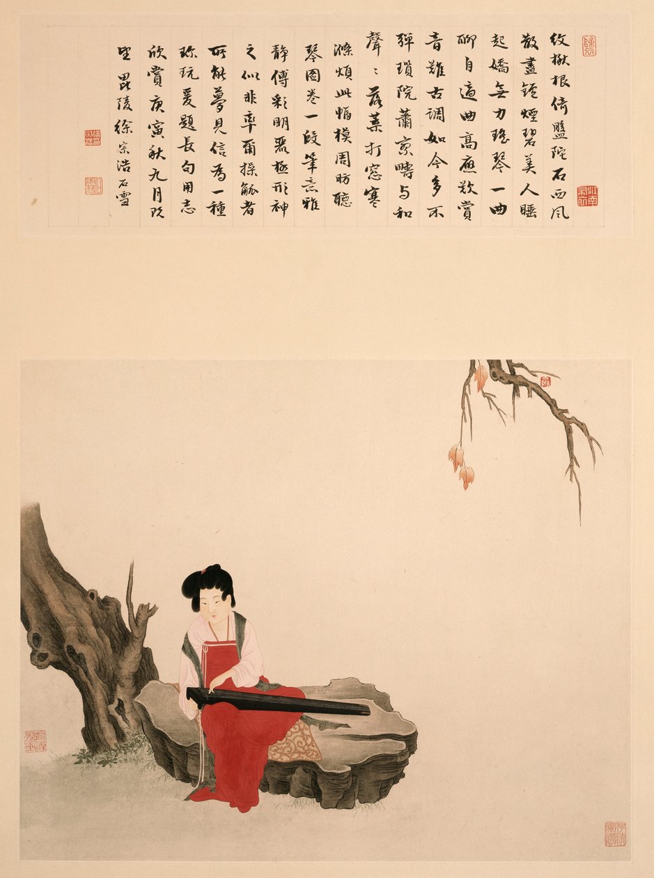 Dame sitter på en stein og spiller en Qin (Rull, montert og innrammet, blekk og farger på papir) av Ming Yu