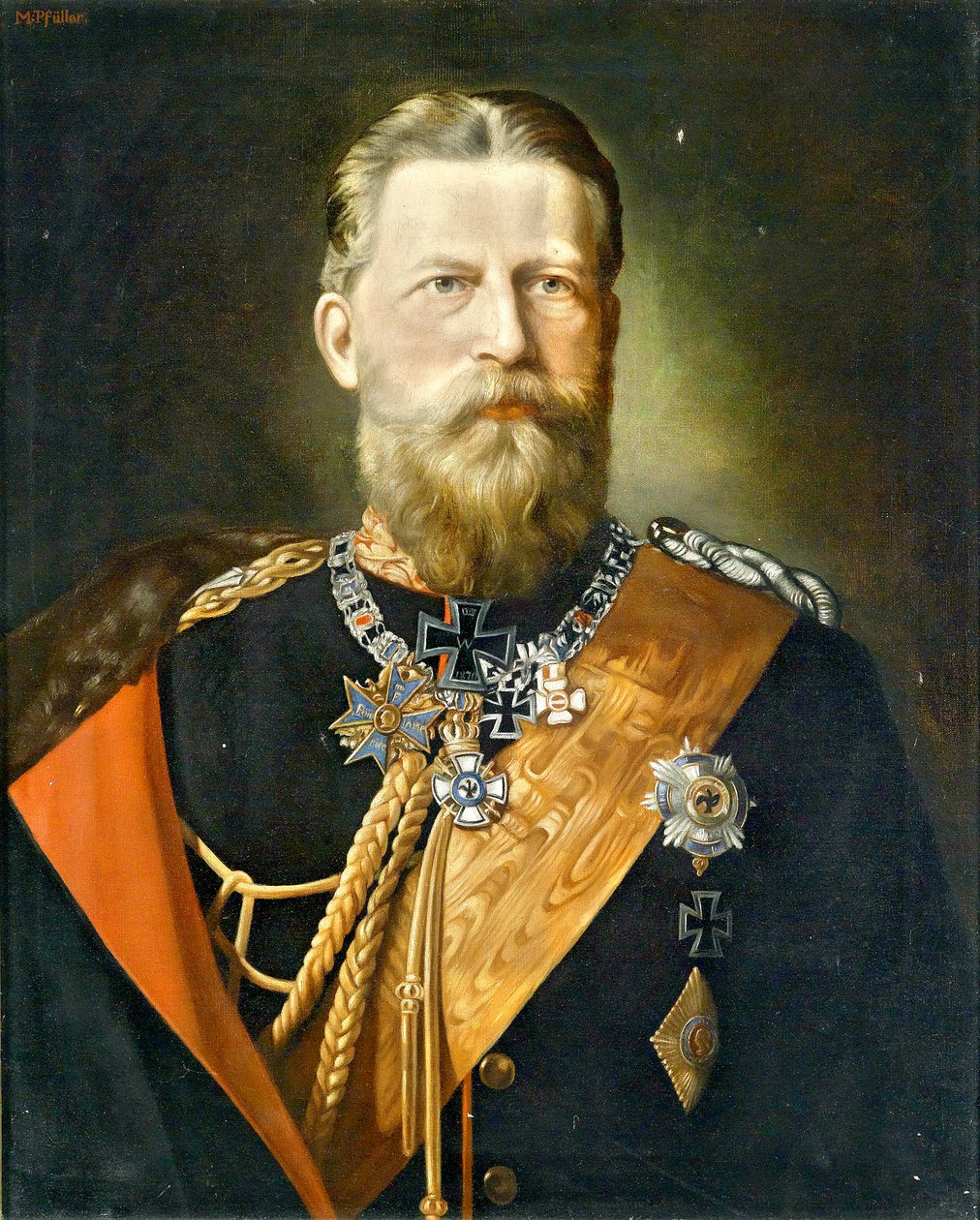 Keiser Friedrich III, kongen av Preussen; Portrett i feltmarskals uniform med medaljer av Minna Pfüller